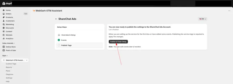 The Publish Tags step for ShareChat Ads in GTM Assistant, with an arrow pointing to the Publish & Finish Setup button.