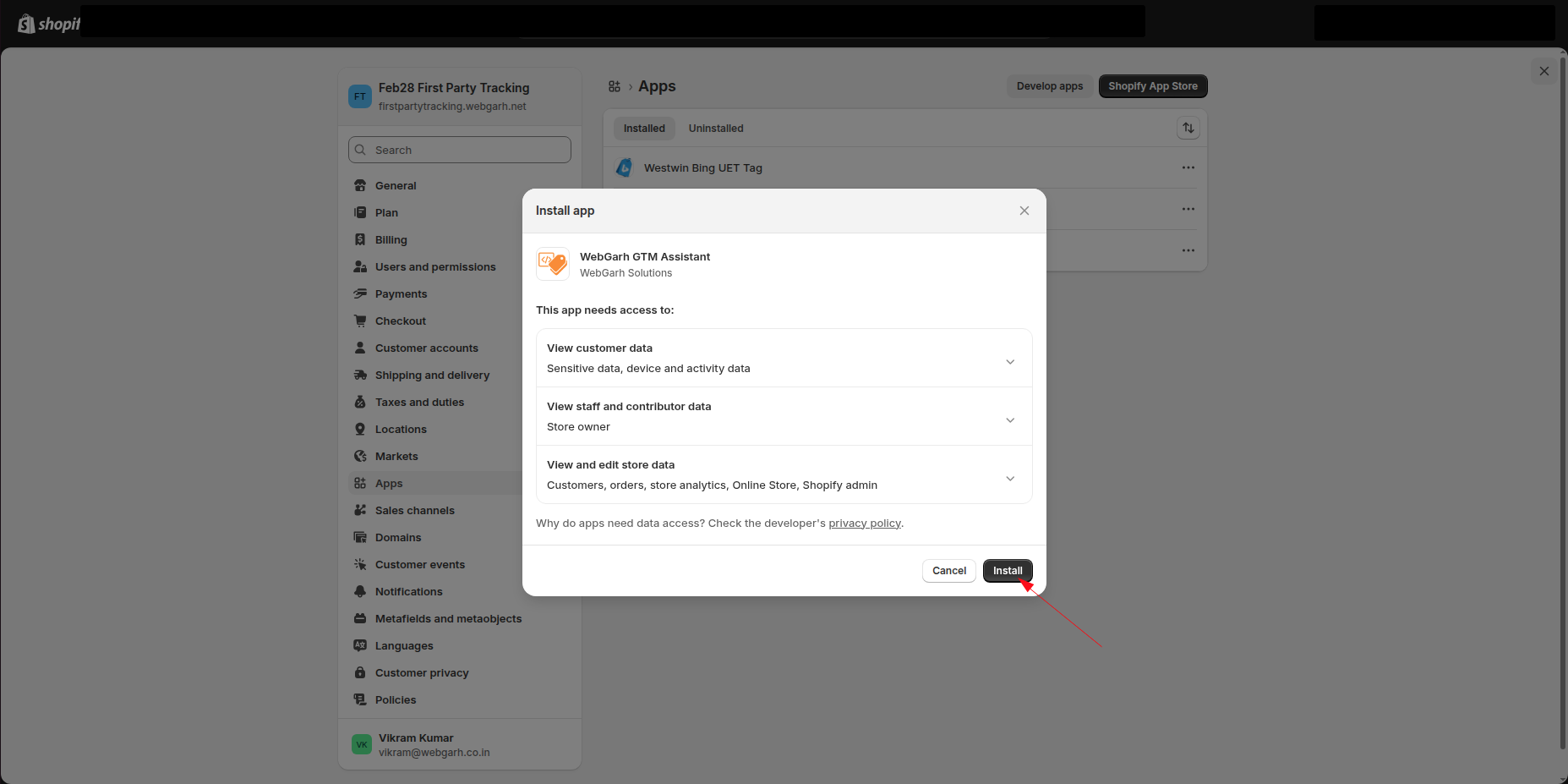 Install Webgarh GTM Assistant on Shopify screenshot 1